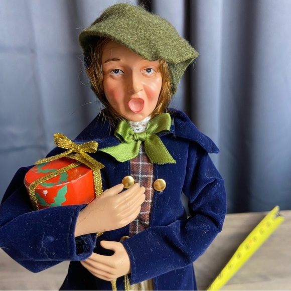 Boy Caroler Figurine with Trumpet and Gift, Blue Velvet Coat - Picture 11 of 12